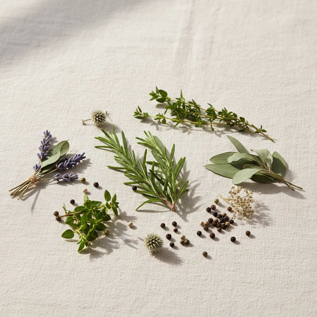 Fresh green herbs and dried botanicals arranged on a cream linen cloth
