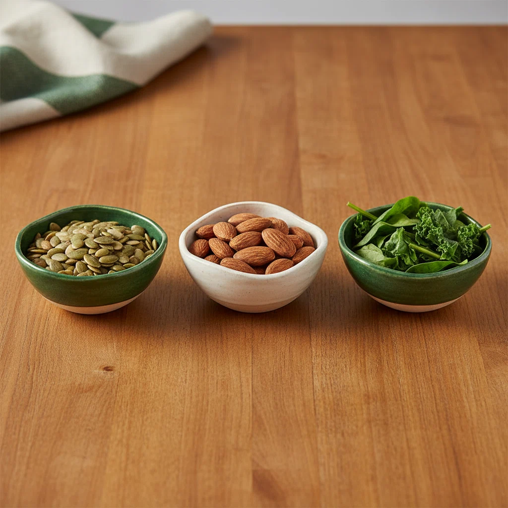 Pumpkin seeds, almonds and leafy greens in ceramic bowls on a wooden surface